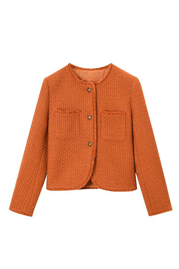 Mantón de tweed naranja Solapa con botón Abrigo de mujer recortado